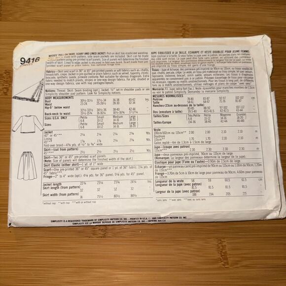 Vintage 1989 Simplicity Womens pattern 9416 Size Petite - L uncut - Picture 2 of 4